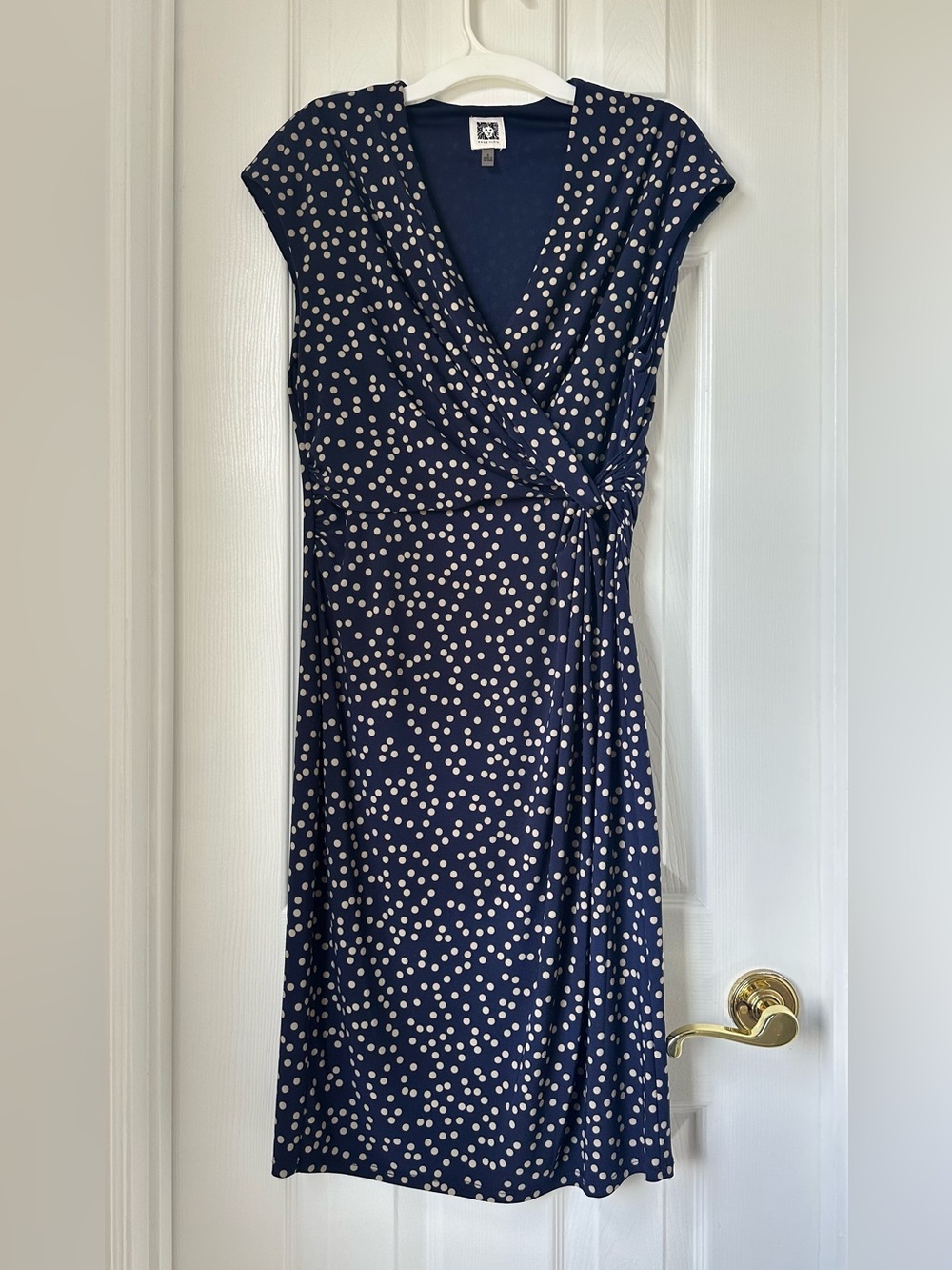 Anne Klein Navy and White Polka Dot Surplice Midi Dress